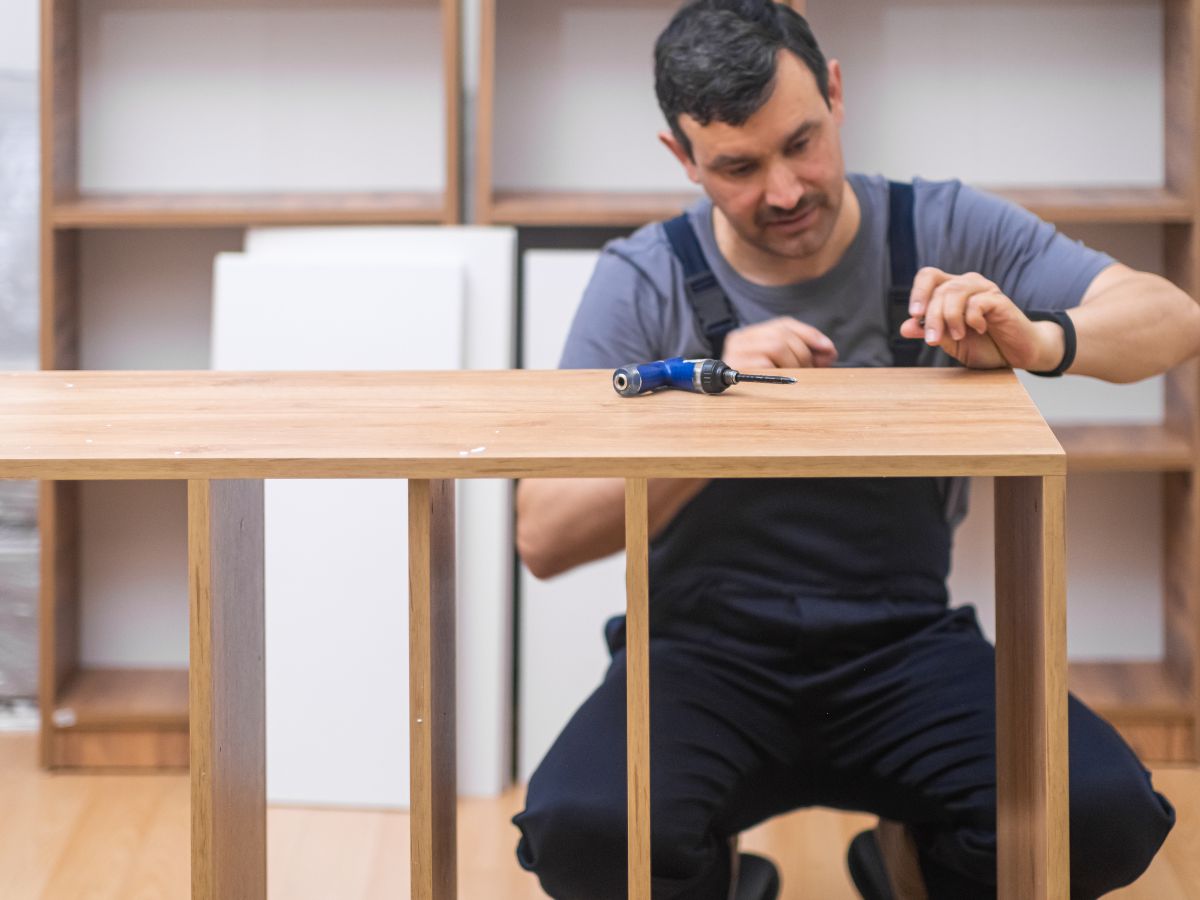 A man using a drill while working at a table, focused on his task in a well-lit workshop environment.